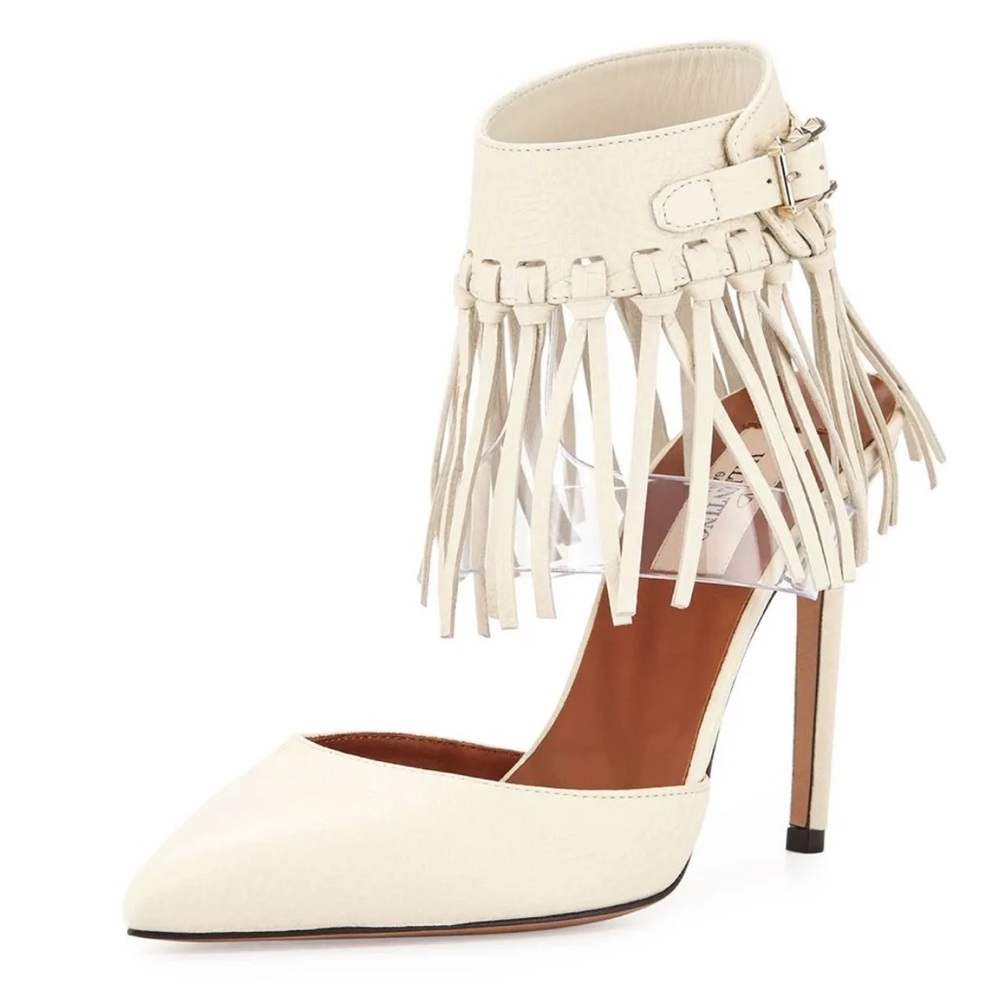 Valentino C-Rockee White Leather Illusion Fringe Ankle Wrap Heels Size EU 38.5 - Picture 3 of 15